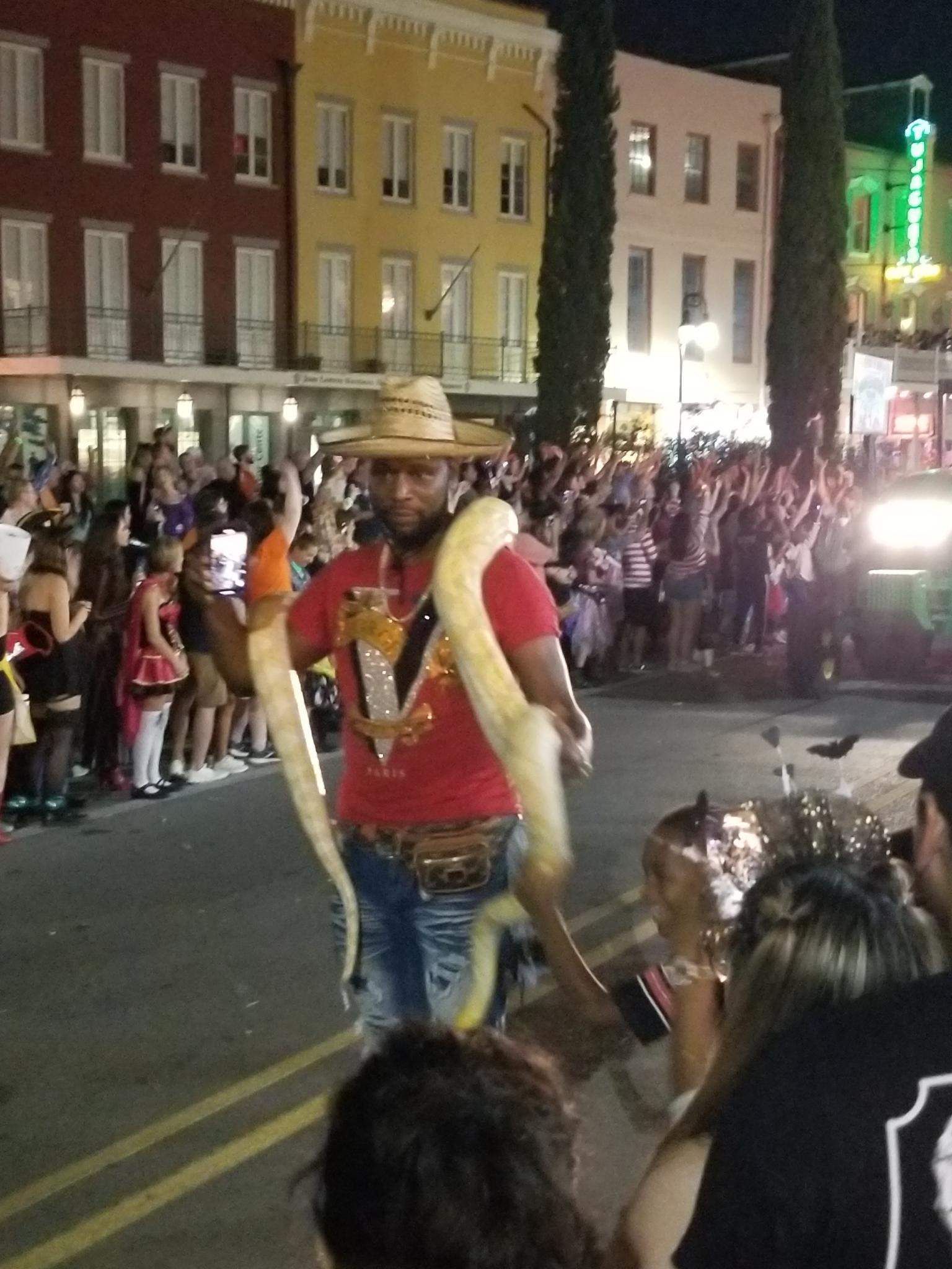 A man walking down the middle of the street, part of a parade, wearing a red shirt and straw hat, and carrying a white snake across his shoulders. The snake drapes across his right elbow and he holds it with his right hand.