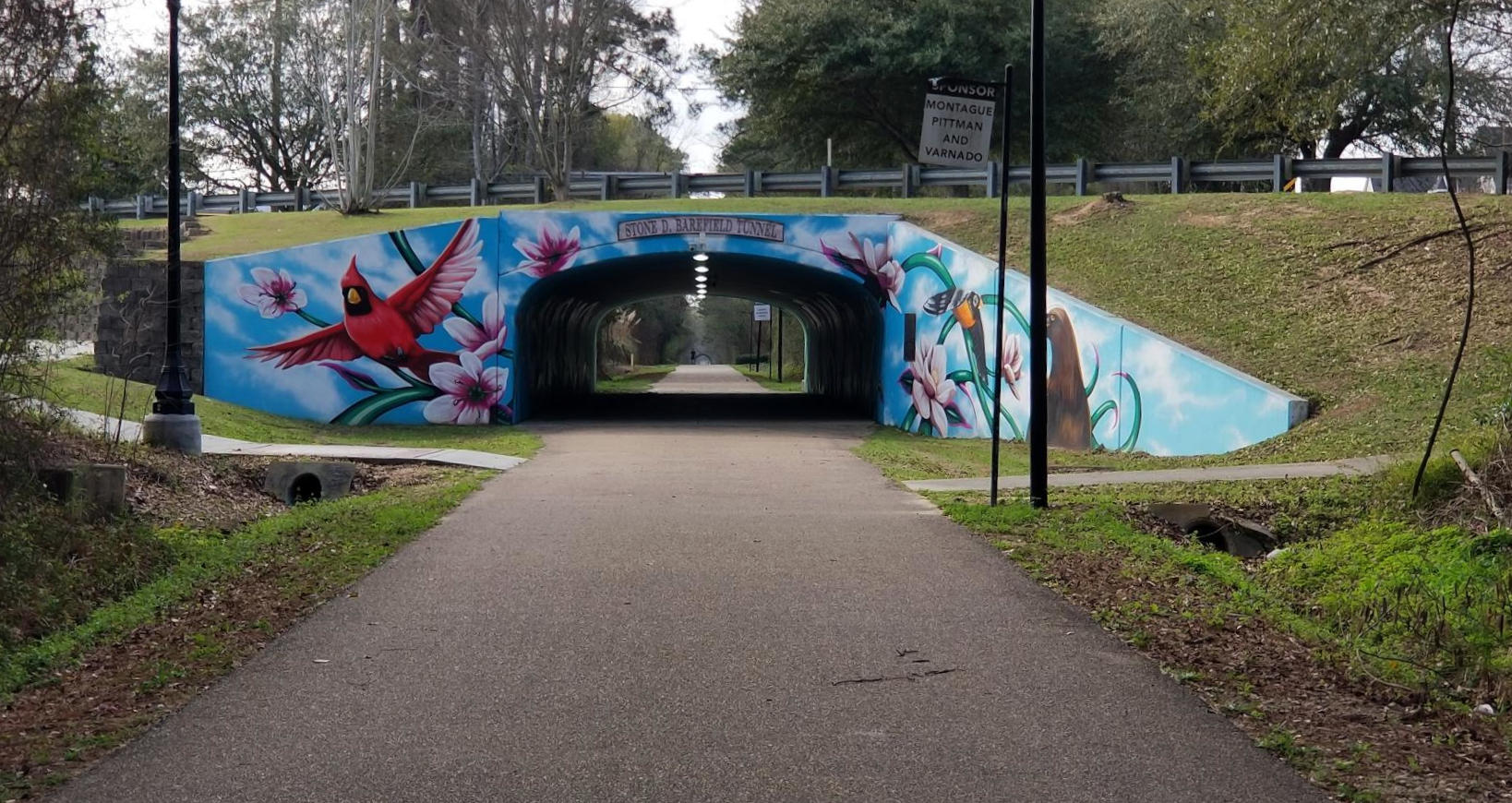 The view from along a foot-path, approaching a tunnel that passes under a crossing street. On the facing concrete is a mural portraying a cardinal (bird), flowers, and other wildlife on a background of cloudy skies.