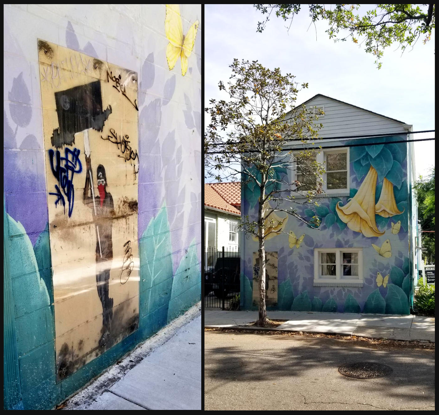 A two-story New Orleans residence covered with a floral mural except for one excluded section, covered with plexiglass which protects some graffiti and an older painting of a masked protestor who carries a sign.