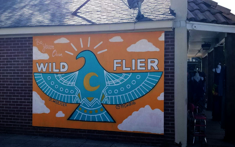 An orange sign hangs on the side of a brick building, adorned with a symbolic blue bird, wings outstretched, accompanied by the words, 'wild flier'.