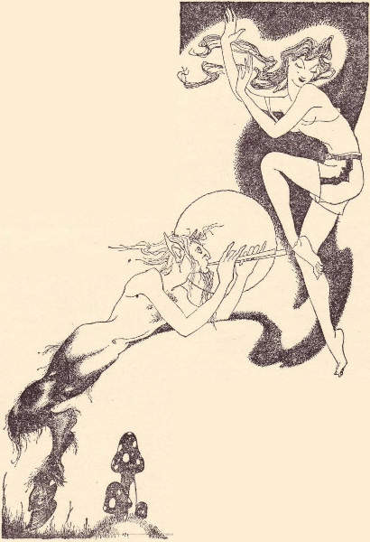 Satyr plays the pipes as a nymph dances.