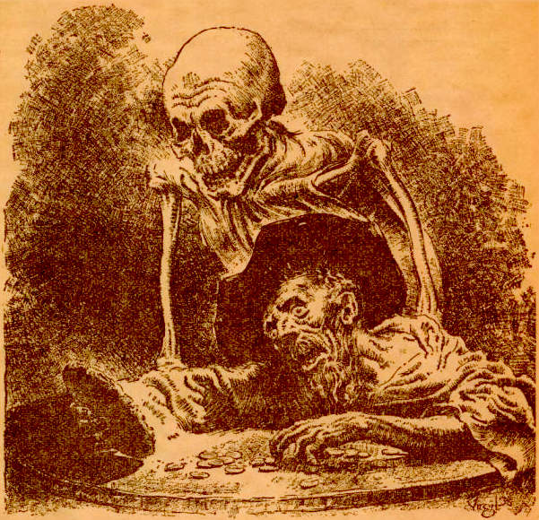 Haggard man leans over coins, a standing skeleton perched over his shoulder, both facing into a small mirror.