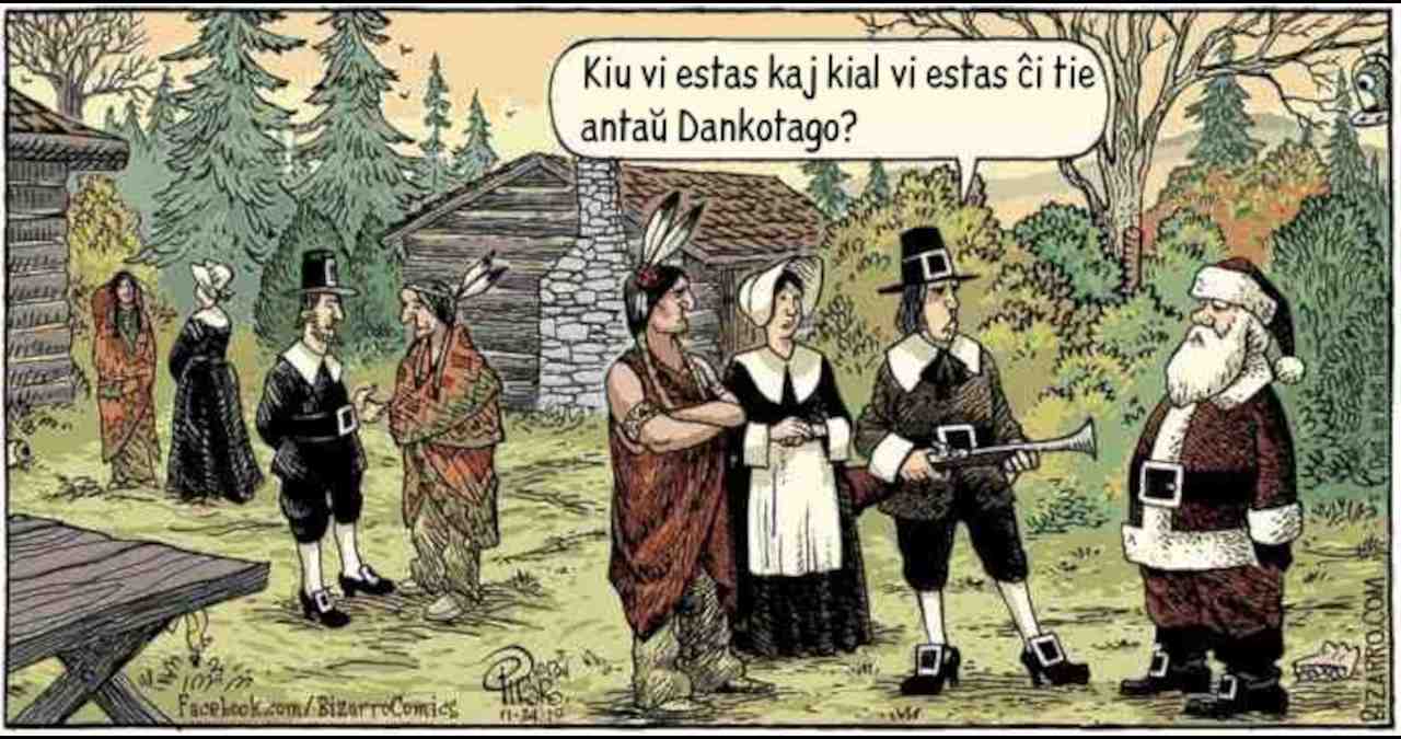 Dum la unua Danktago, viro alfrontas Patro Kristnaskon. "Kiu vi estas kaj kial vi estas ĉi tie antaŭ Dankotago?"