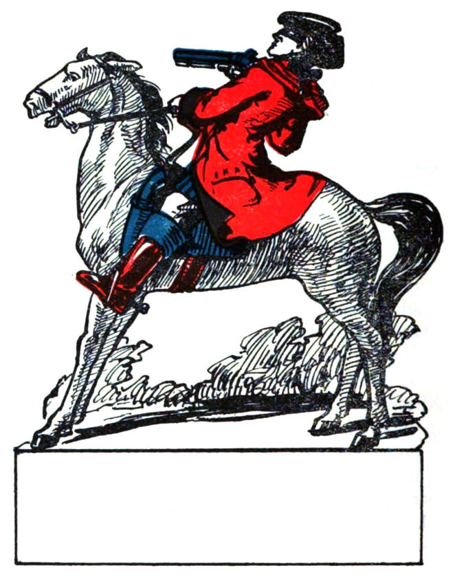 A masked horseman points a pistol.
