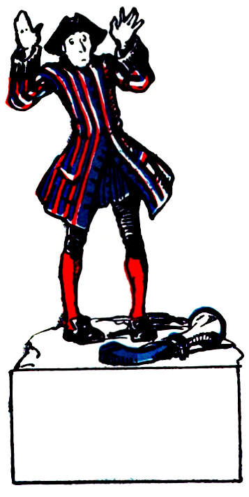 A man with hands up stand over his blunderbuss.