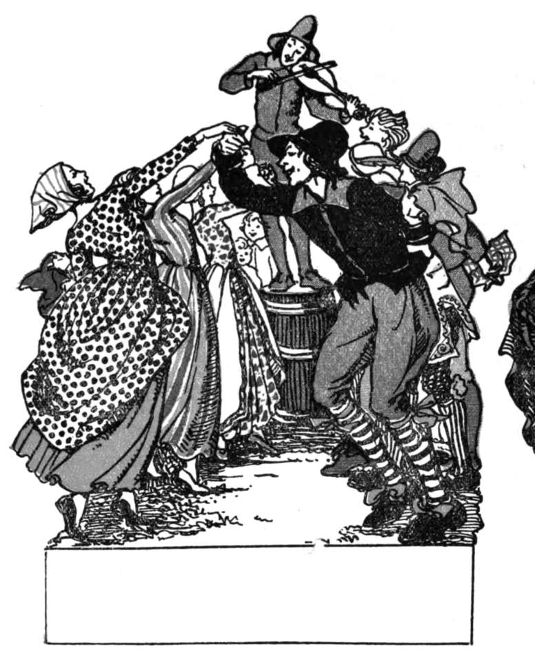 A man plays the fiddle while people dance.