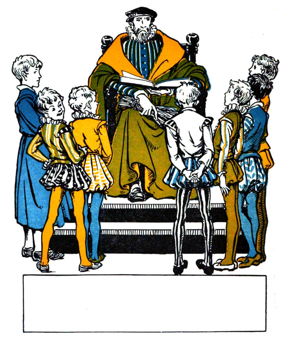 A seated man on a dais, holding a book, surrounded by seven children.