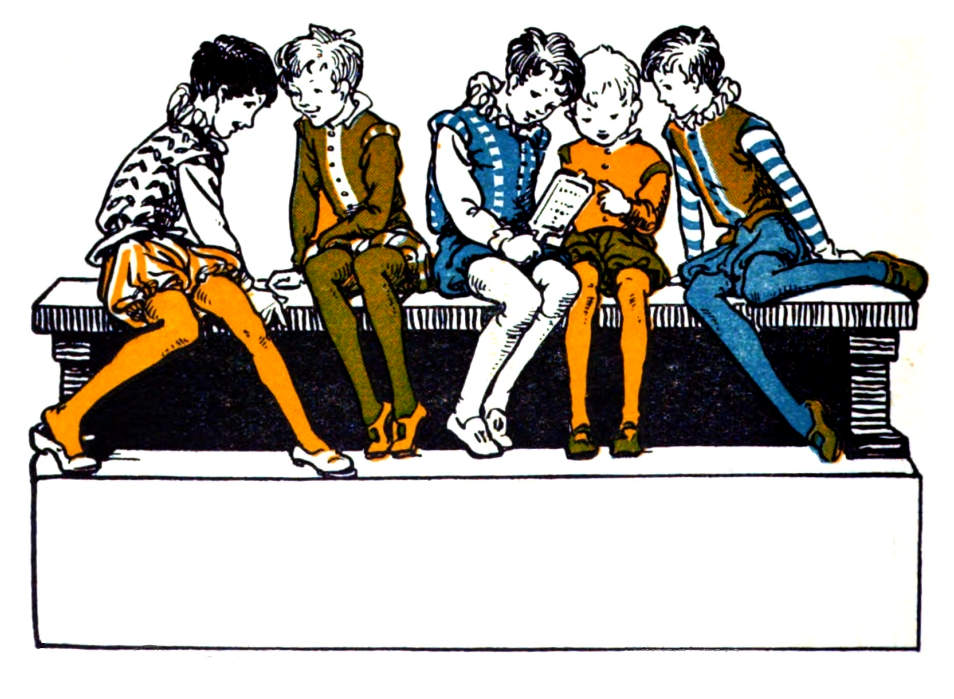 Five children seated on a bench.
