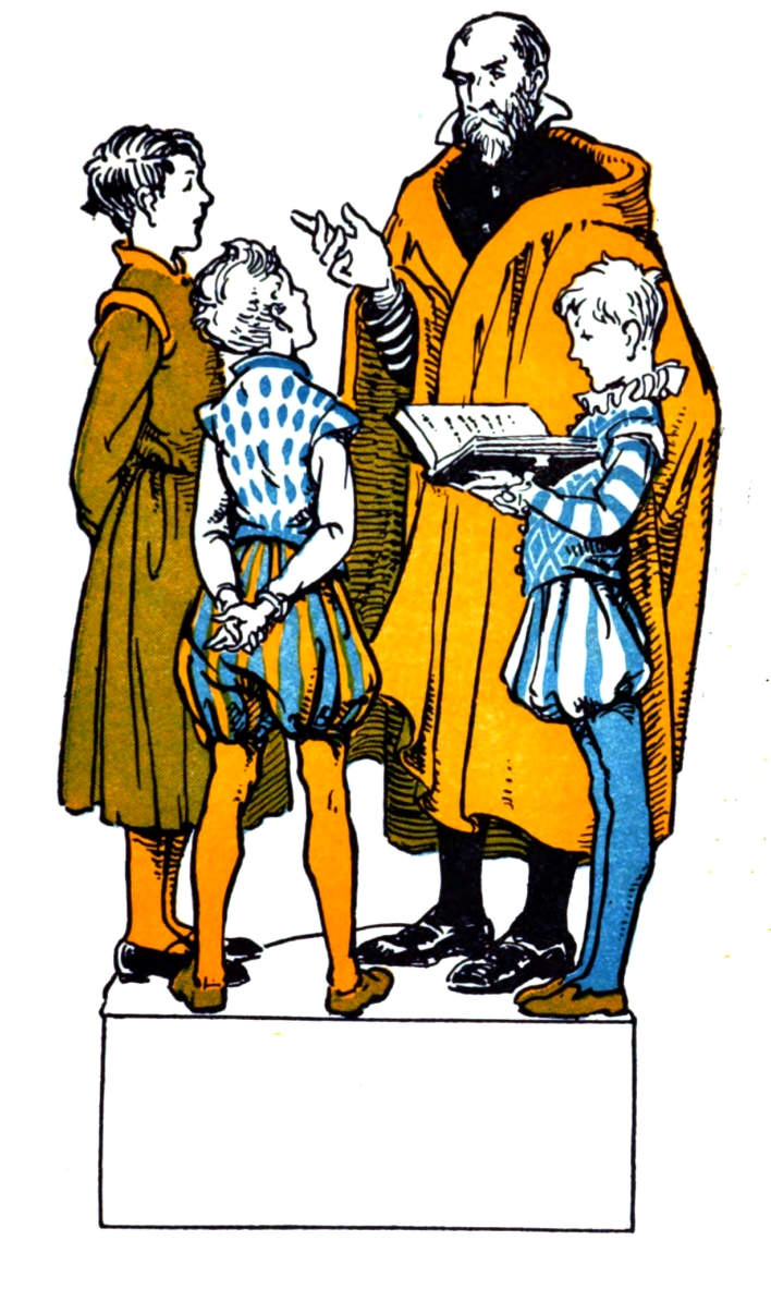 A standing man surrounded by three standing children.