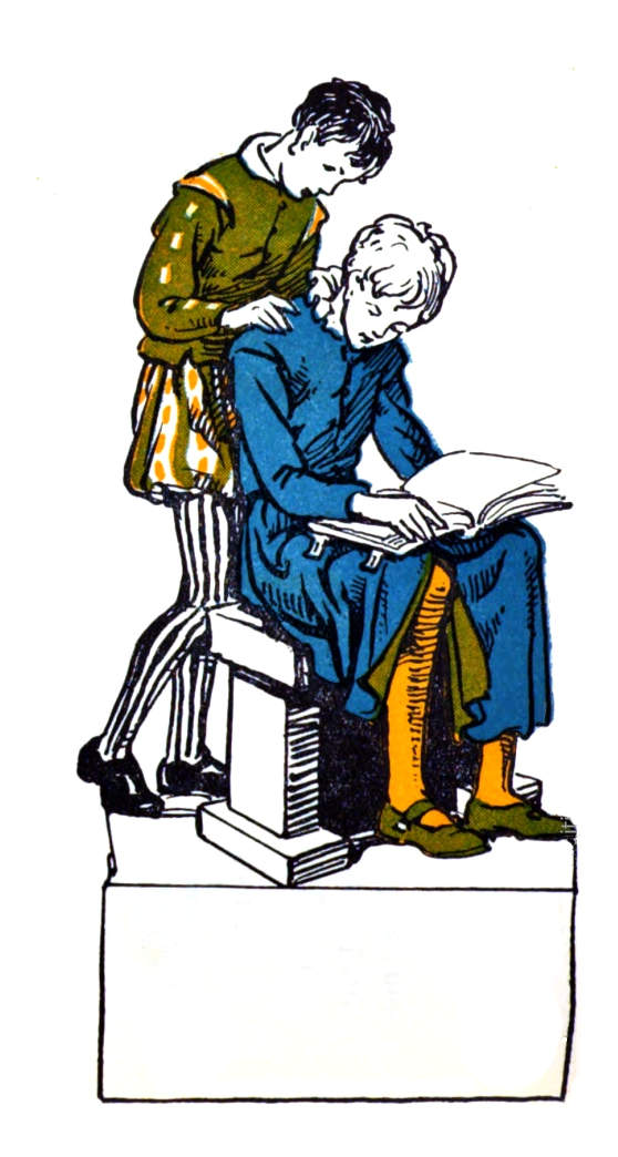 A standing child reads over the shoulder of a seated child.