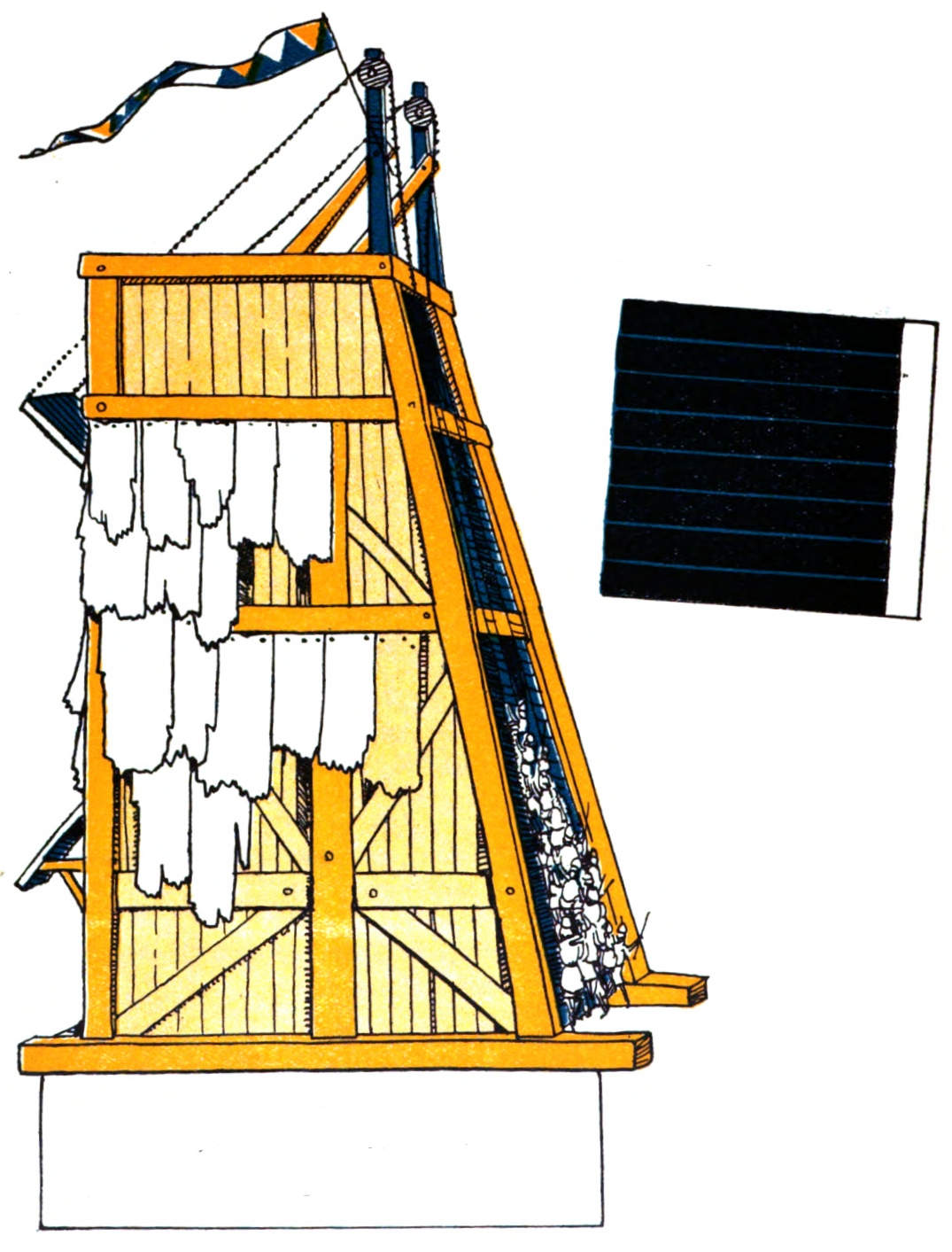 Wooden siege tower with scaling ladderd and drawbridge.
