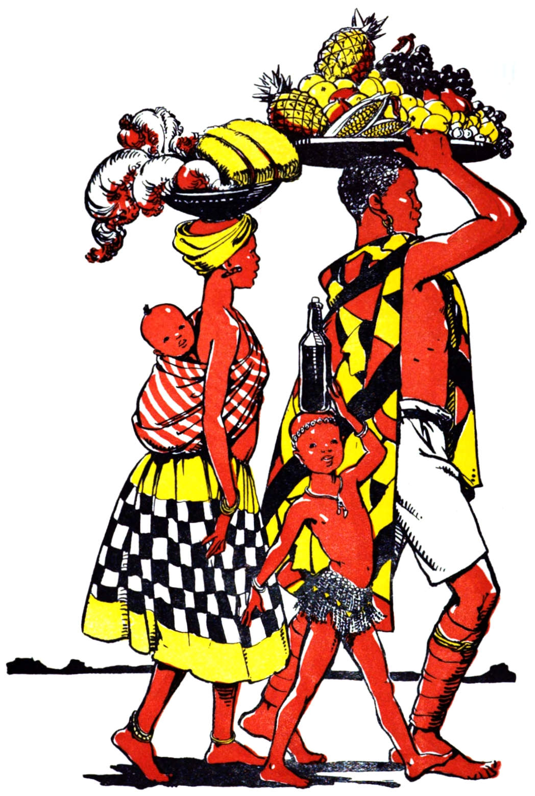 A man, woman, and children carrying fruit and other goods.