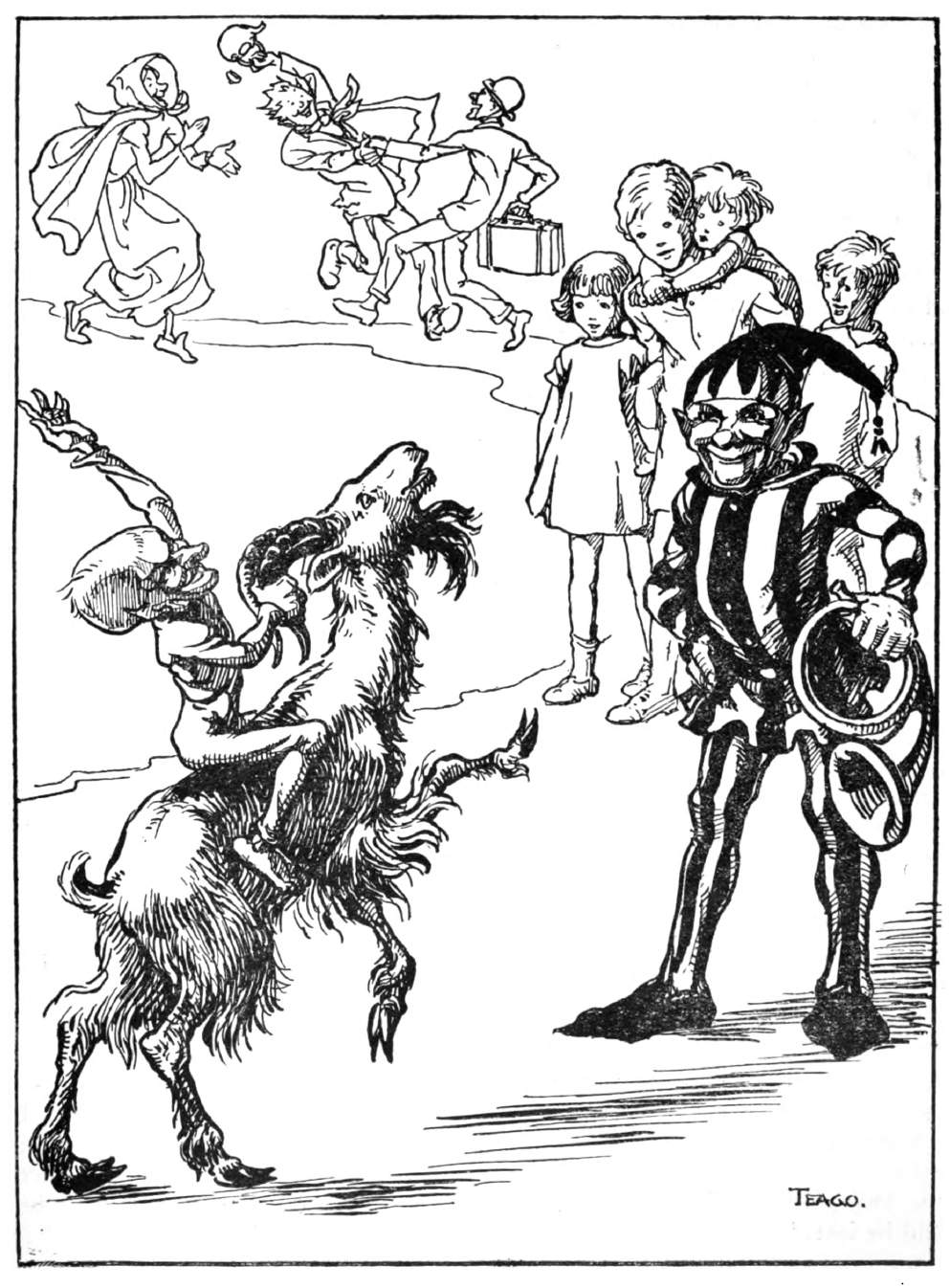 One figure wearing harlequin costume watches another who ride a goat. Children look on as adults dance behind them.