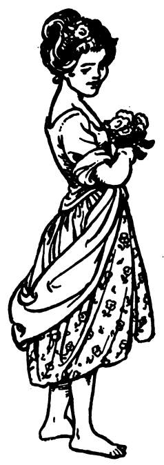 Child wearing a tunic, holding flowers.