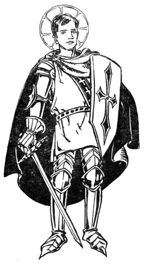 Child dressed as angel-knight wearing armor, carrying shield and sword.