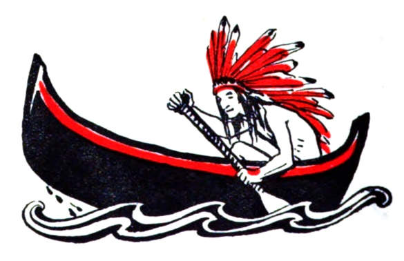 Man in a feathered headdress paddles a canoe.