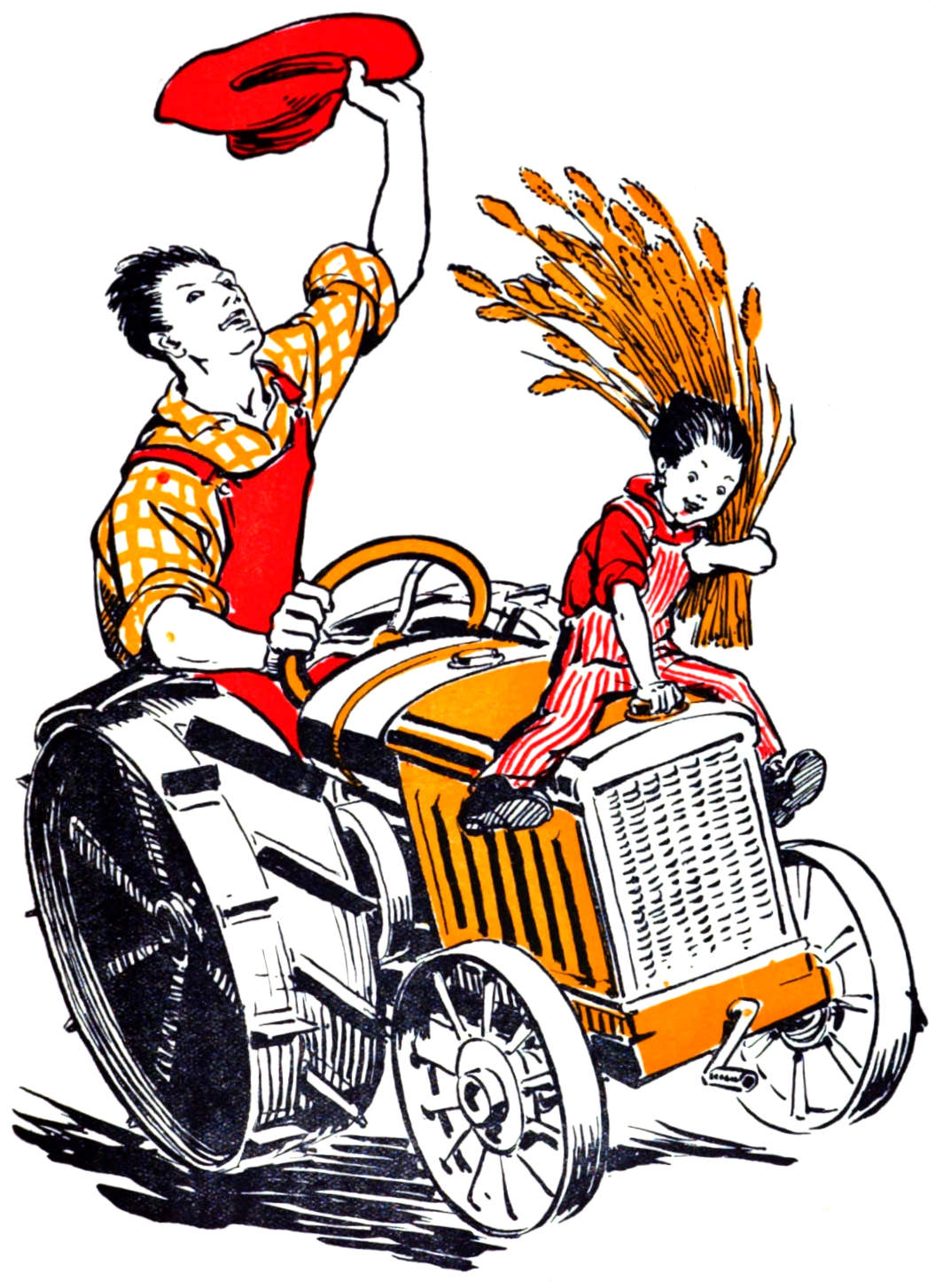 Man waving his hat drives a tractor as a child holding wheat sits on the hood.
