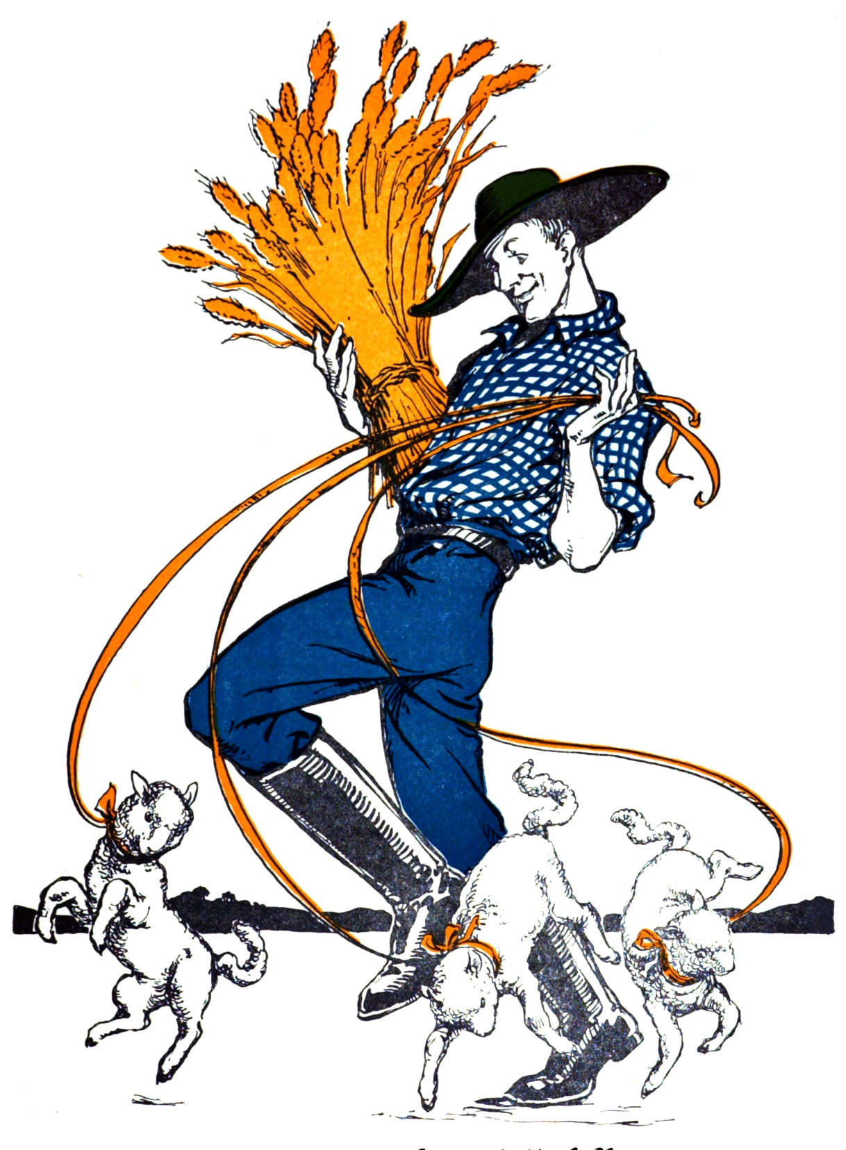 A man carrying wheat and leading sheep.