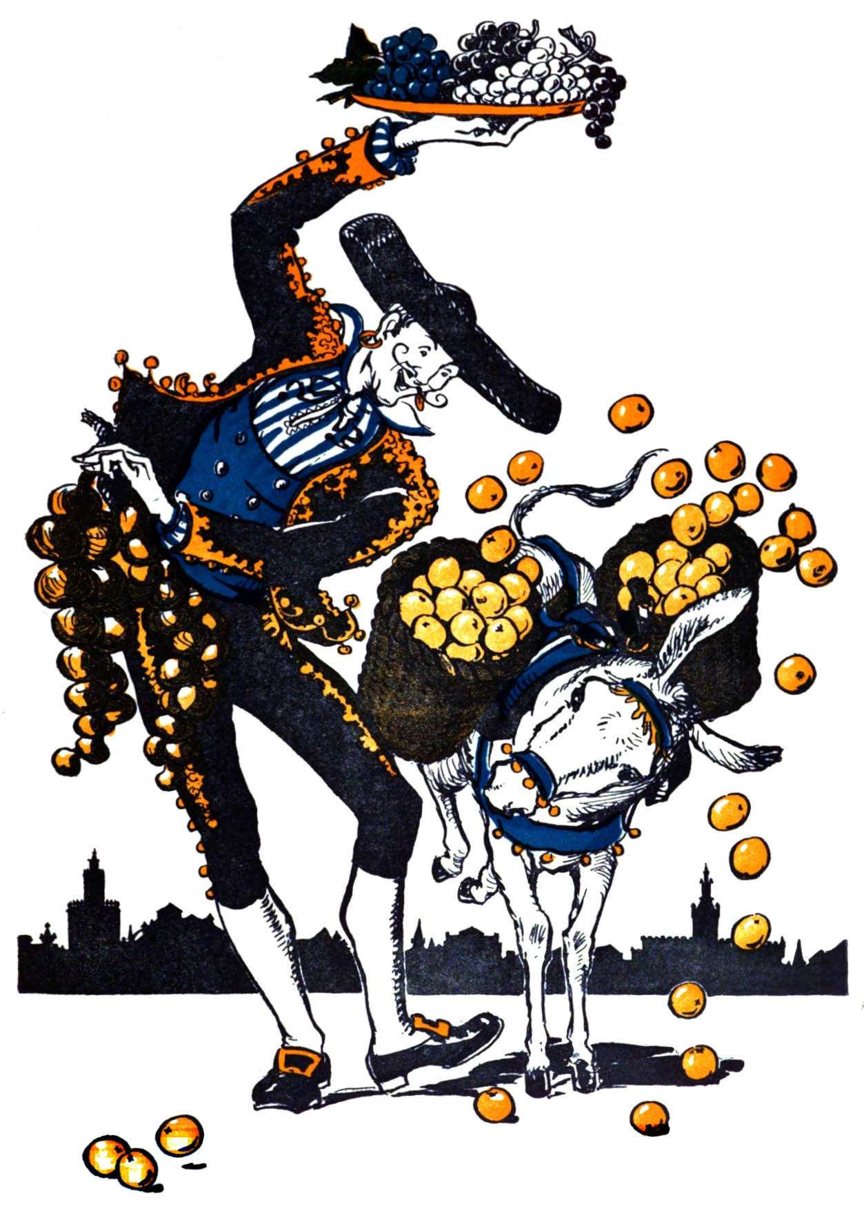 A Spaniard and donkey carry fruit.
