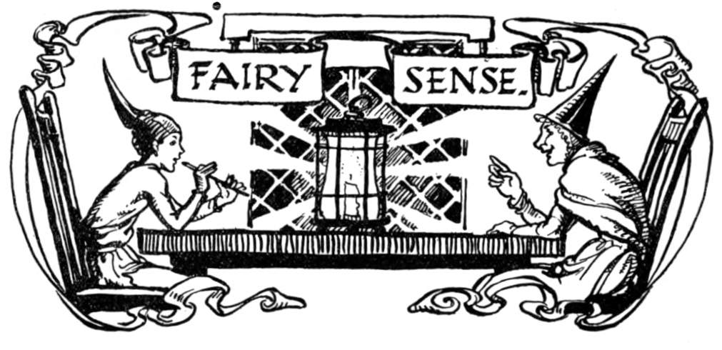 Title on a banner as a witch and gnome face each other across a table holding a lamp.