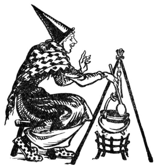 A witch stirs a kettle over a fire.
