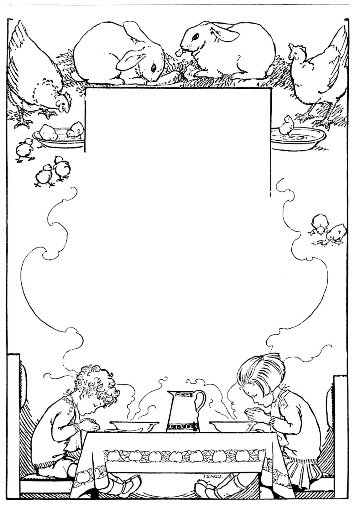 Girl and boy pray at a table with bowls and a pitcher. Rabbits, chickens, and chicks are eating.