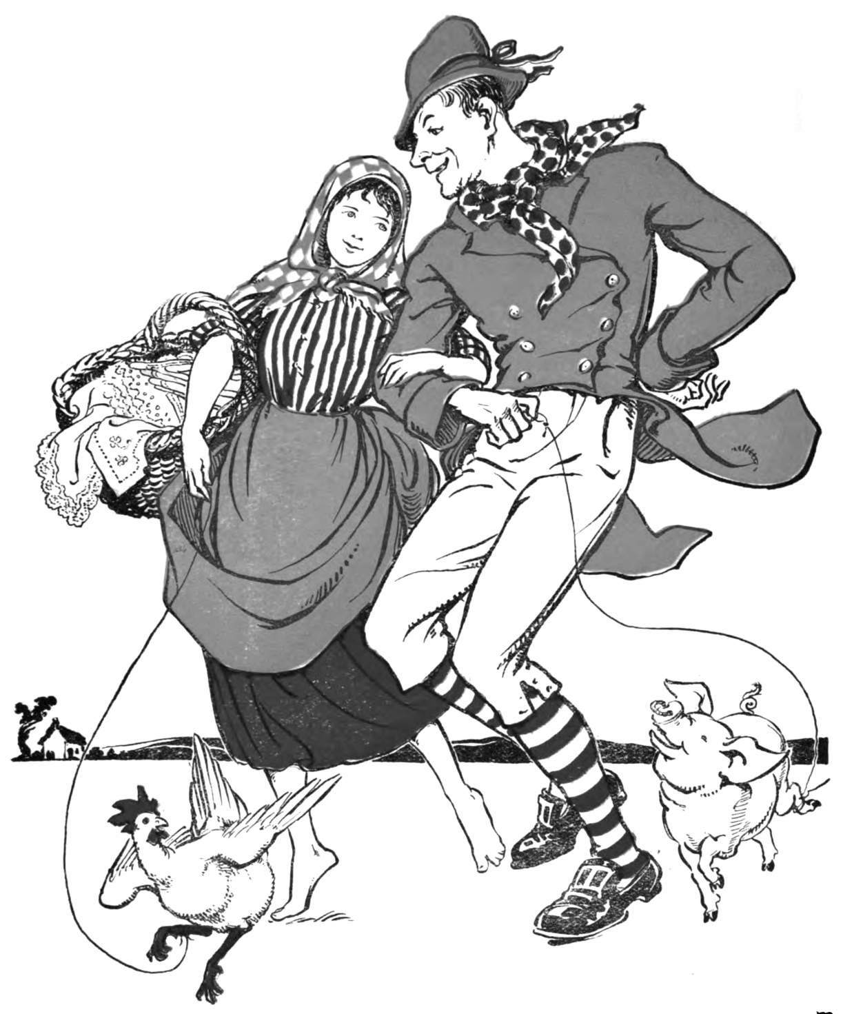 A man and woman dance, with a pig and chicken.