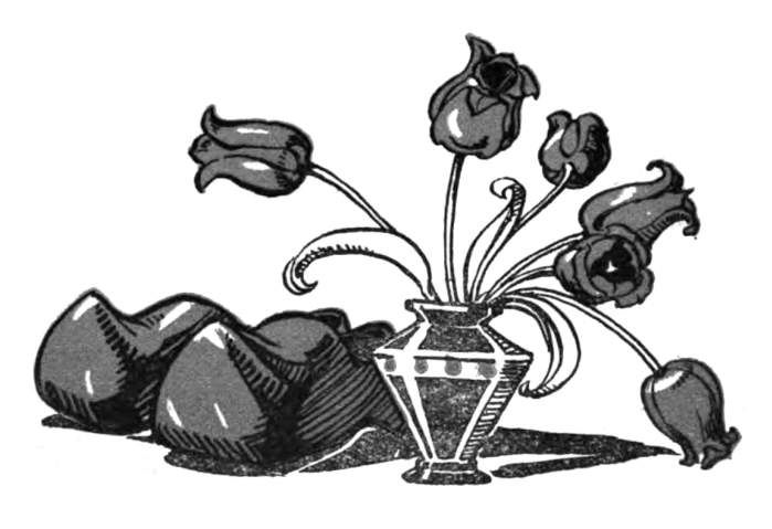Vase, tulips, and wooden shoes.