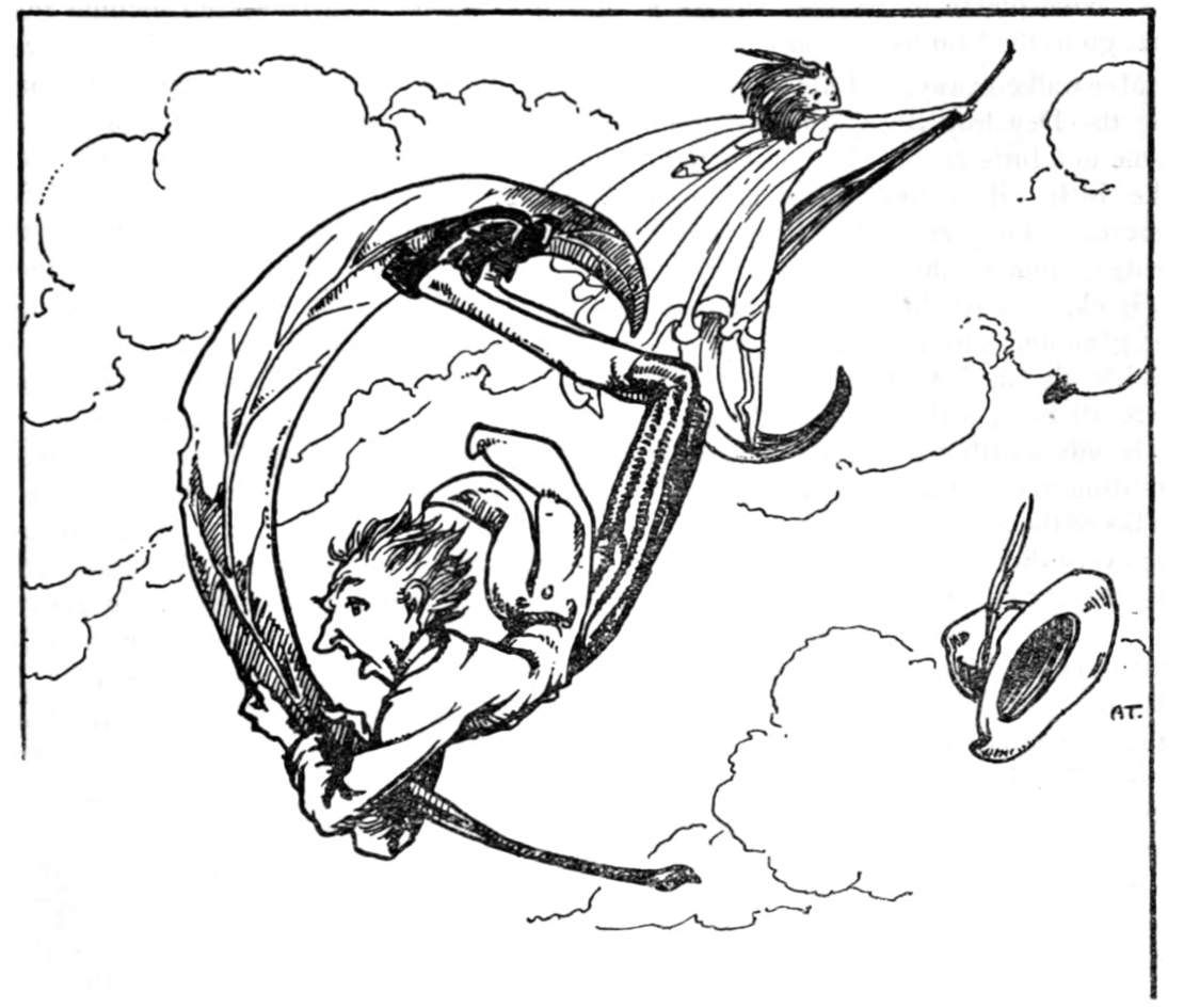 Fairy flies on a large leaf as a gnome clings to his and his hat flies away.