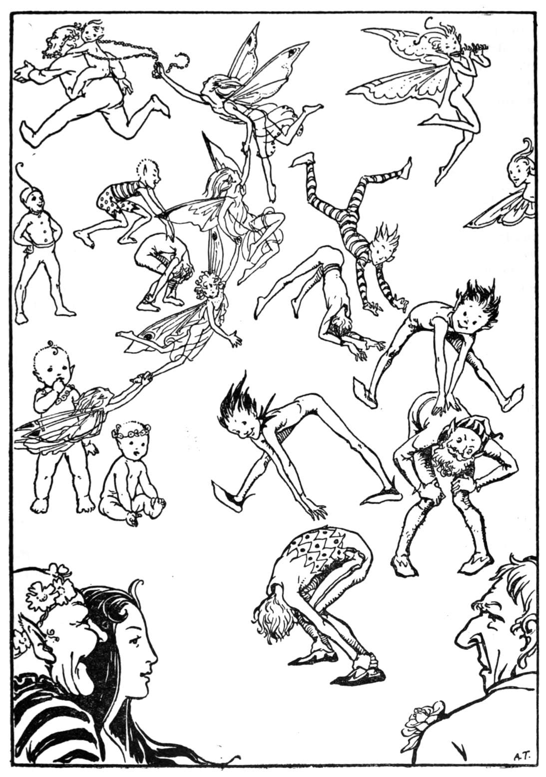 Three figures look on as many fairies play.