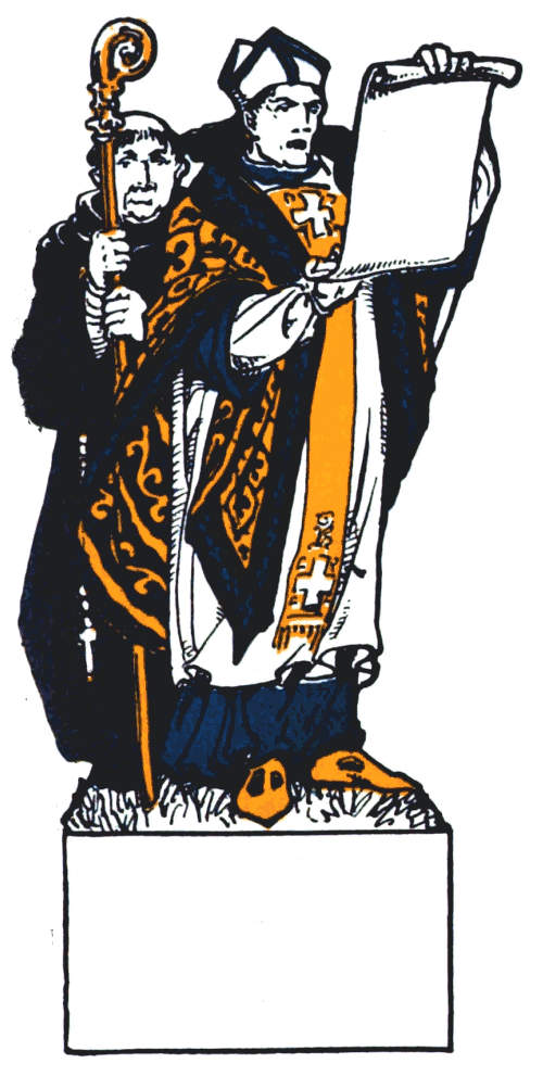 A bishop reads from a scroll while a monk holds a crosier.