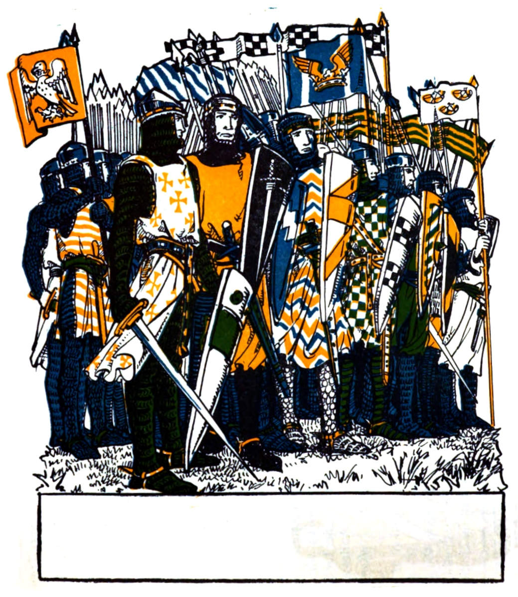 Armed and armored men stand under banners.