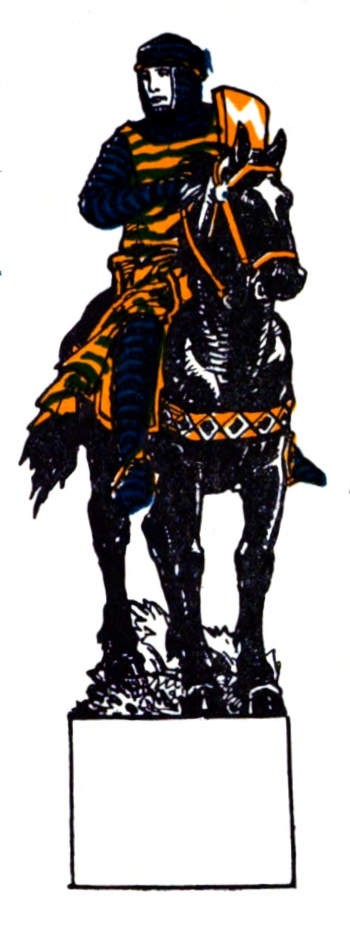 An armored man sits upon a horse.