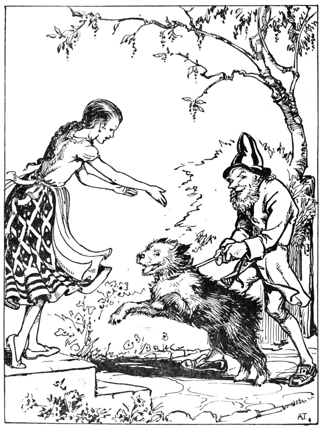 A dog held on a leash jumps toward a girl.