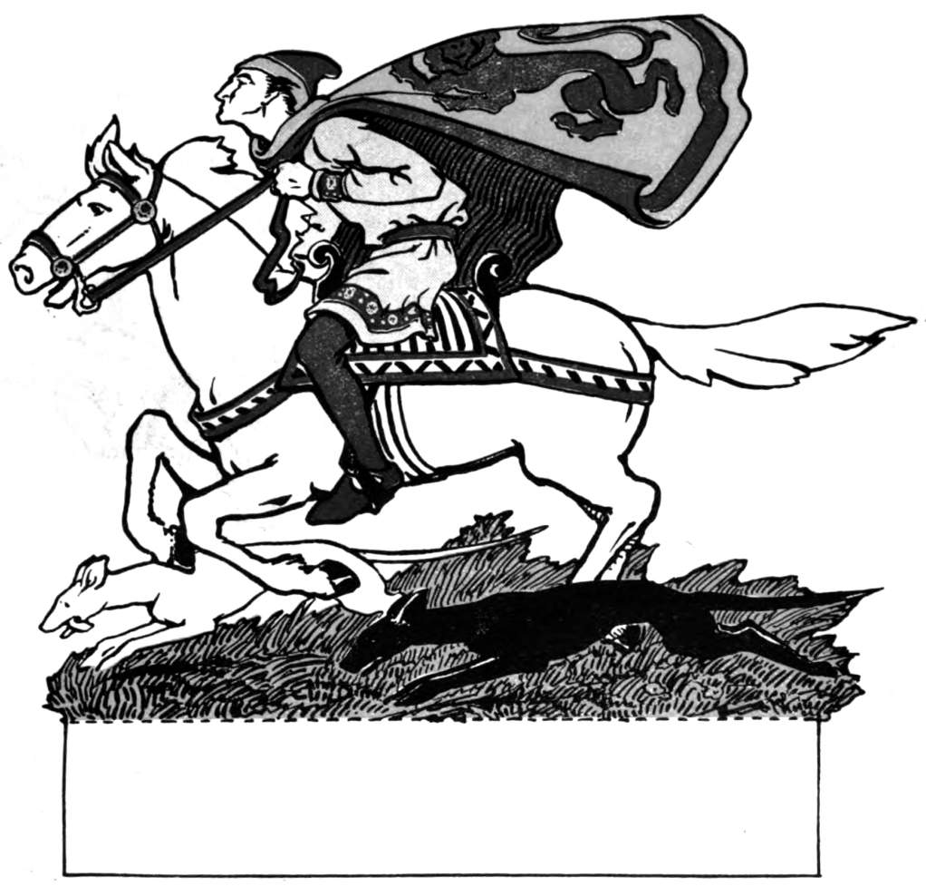 Hunter rides his horse with running dogs.