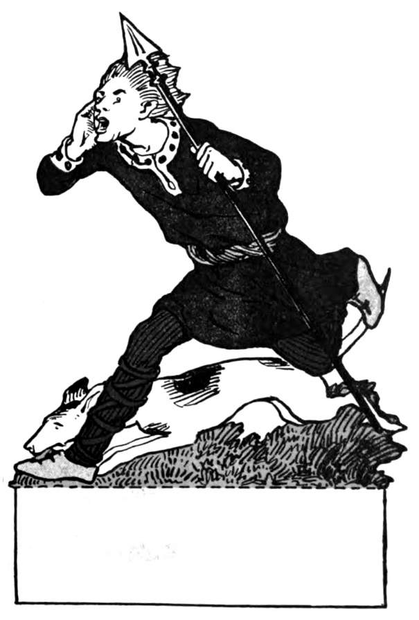 Hunter runs, carrying a spear with a running dog.