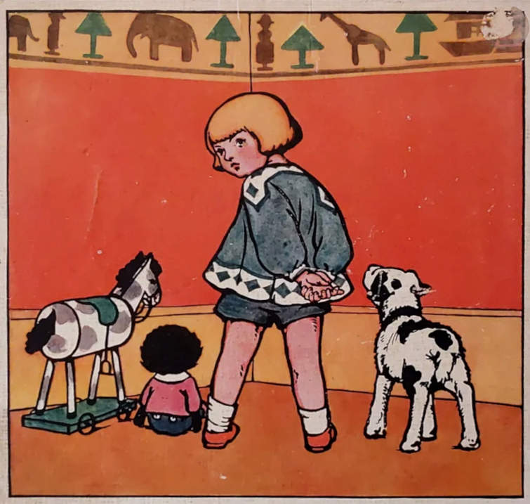 A child, dog, and toys face a room’s corner.