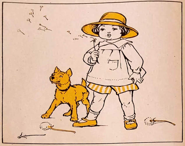 A child blows on a dandelion and a dog watches.