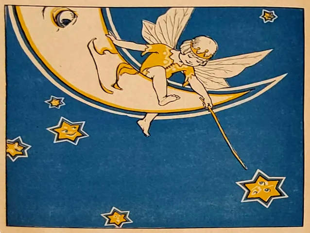 A fairy sits on the crescent moon and points at a star.