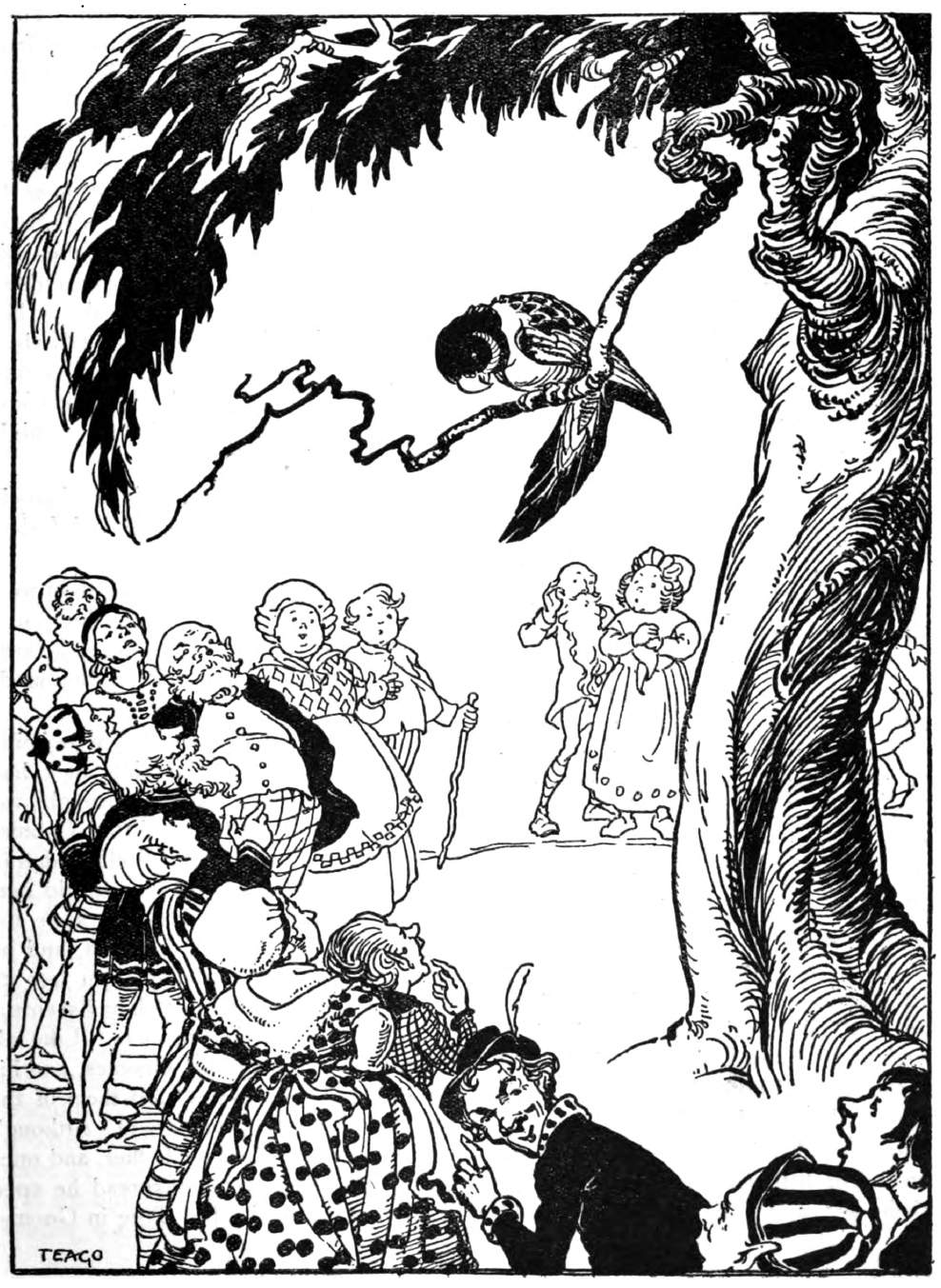 Parakeet on a tree branch surrounded by gnomes.