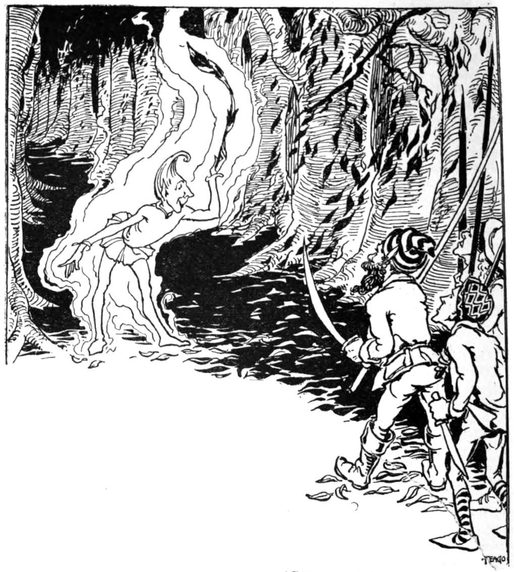Wizard holds a large feather before gnomes carrying swords and knives.