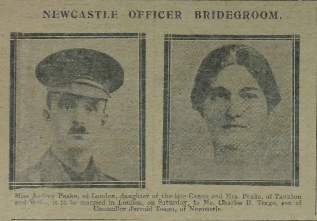 Newcastle Officer Bridegroom - marriage between Audrey Peake of London and Mr Charles D Teago of Newcastle