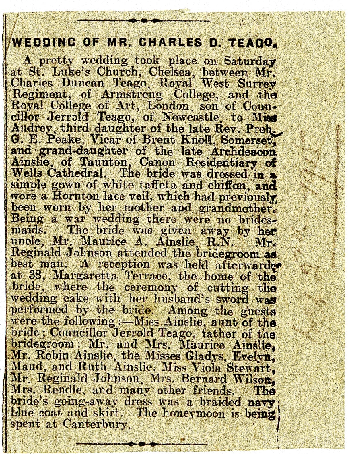 Clipping: Wedding of Mr. Charles D. Teago, 1915