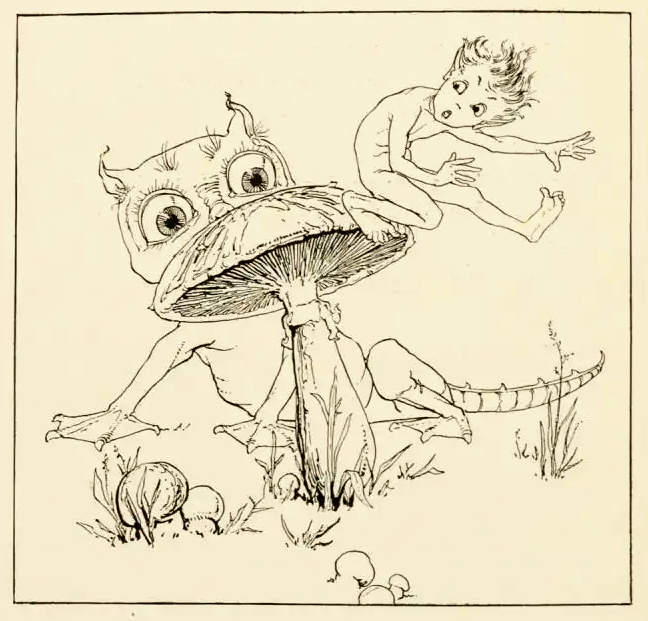 A fairy leaps over a mushroom as a creature watches.