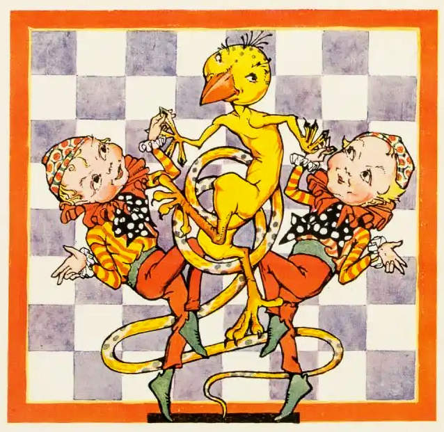 Fantasy creature dances with children.