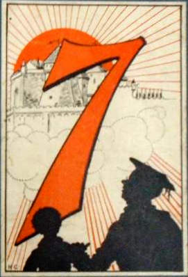Two people, number seven, a castle, and the sun.