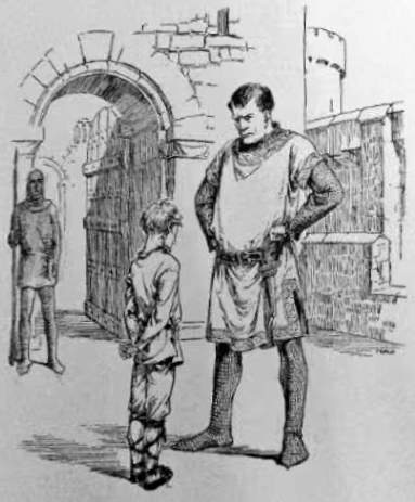 A knight looks down at a boy.