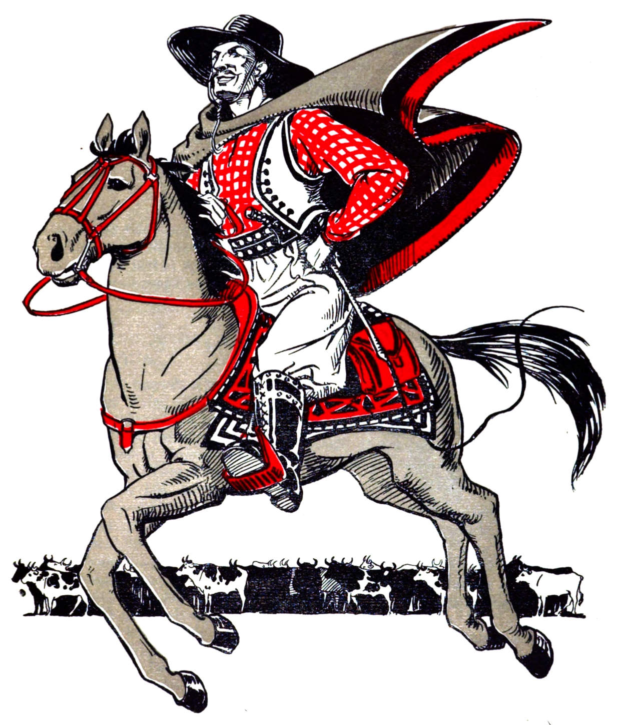 A man rides a horse with cows.