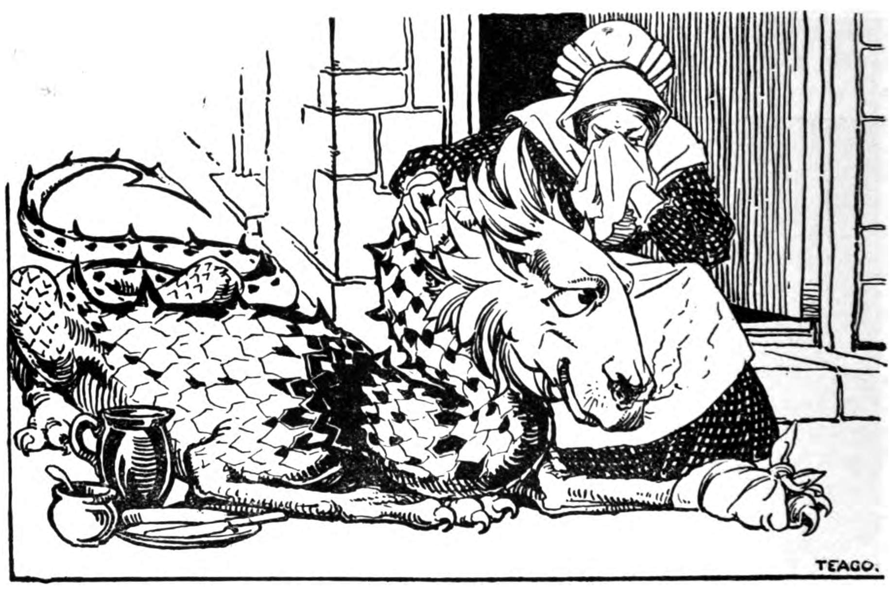 A seated woman holds a handkerchief to her face as a dragon with a bandaged paw lies beside her.