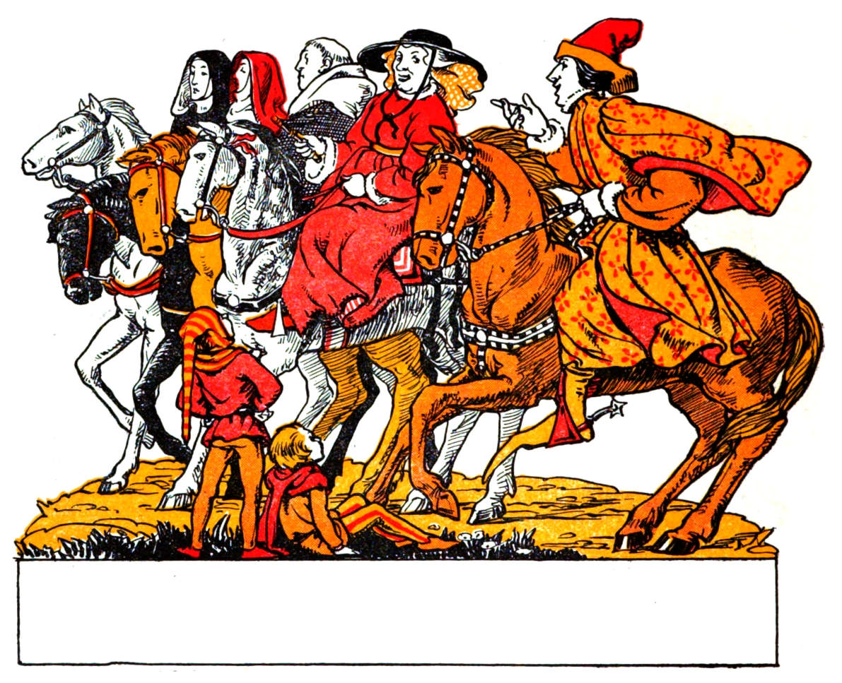 Three men and two women sit on horses while children are below.